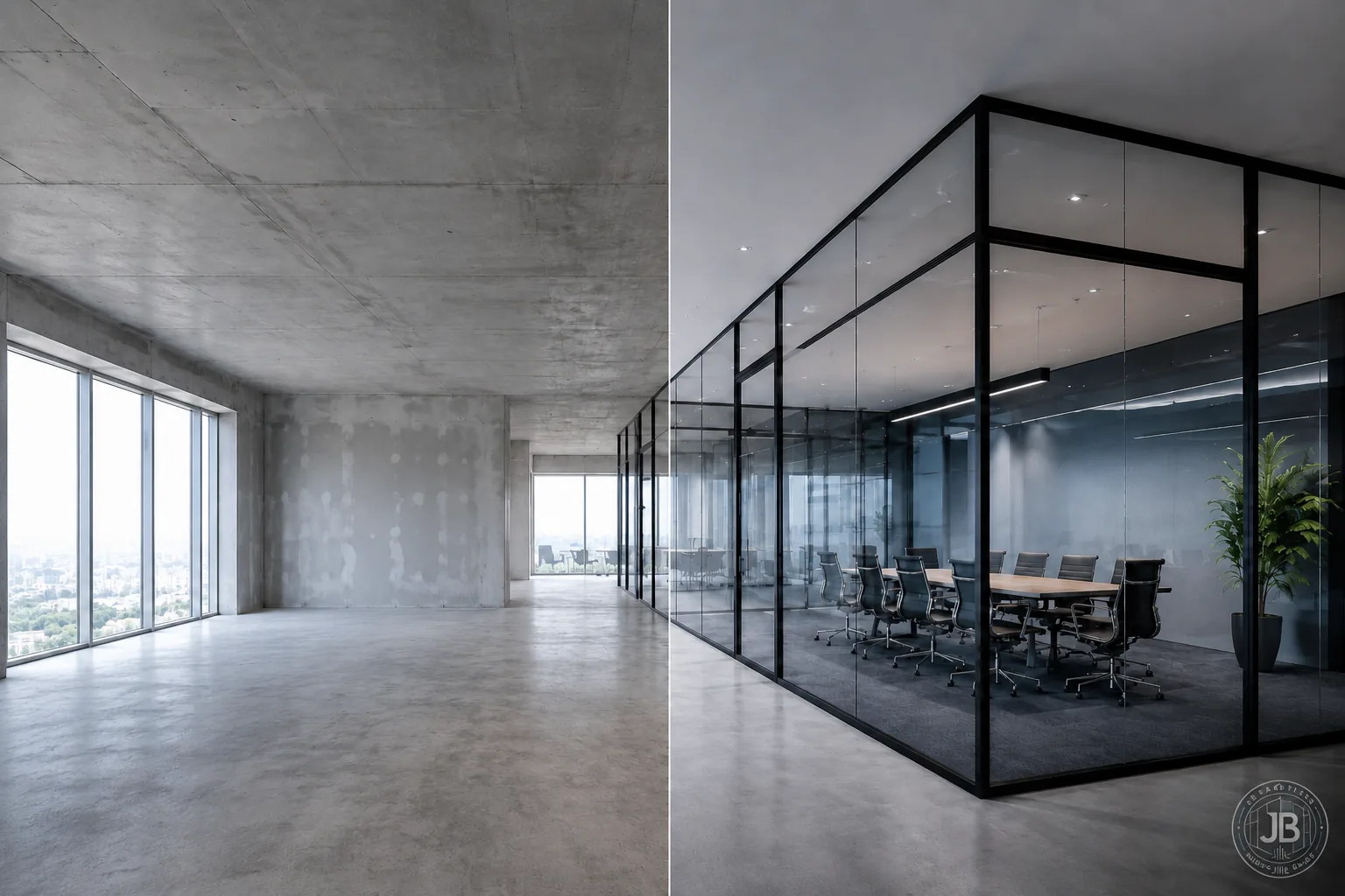Before and after office glass partition design reference