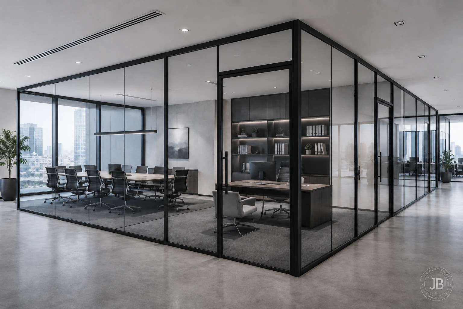 Modern office glass partition with black aluminium frames in Johor Bahru
