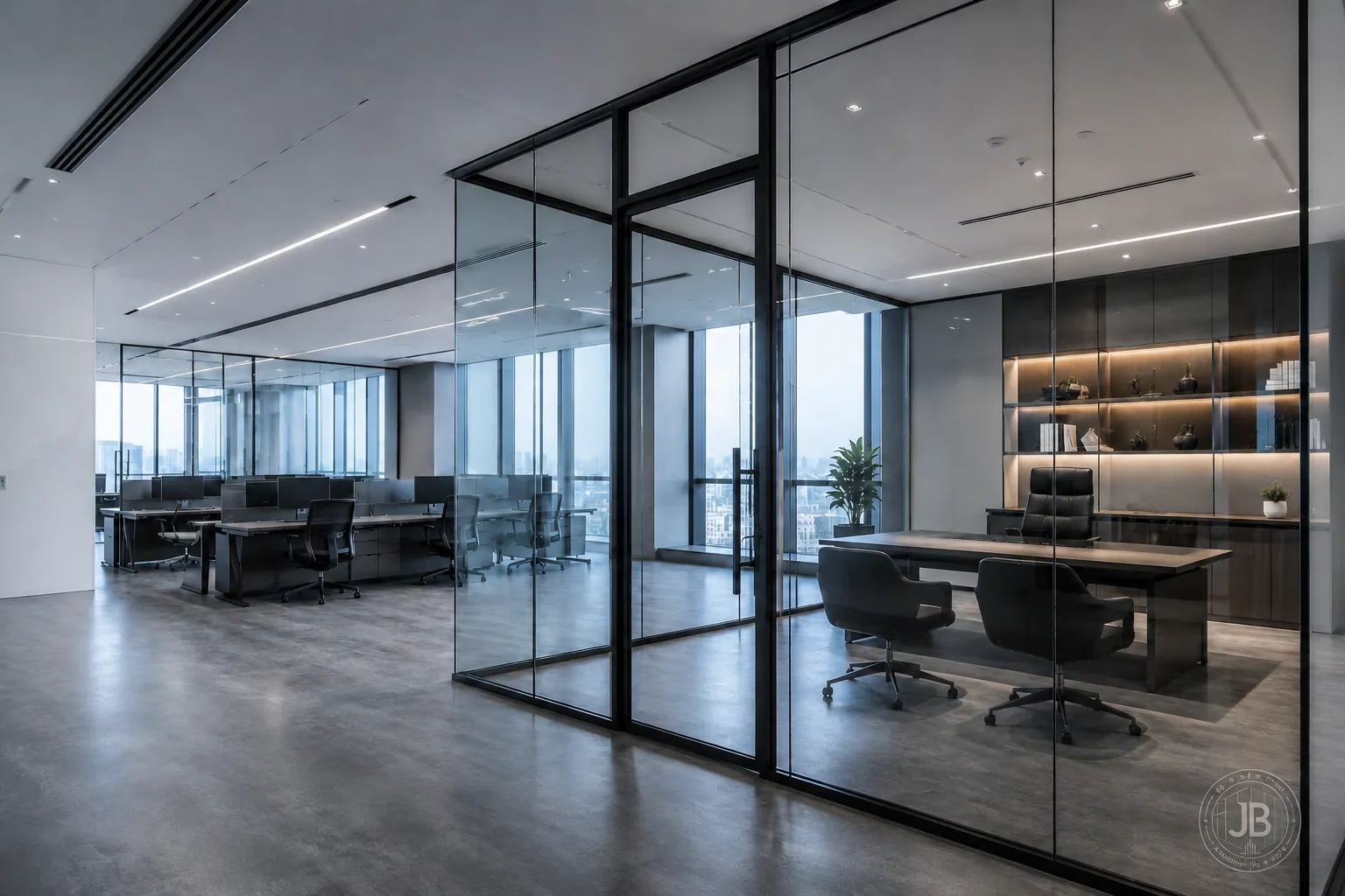 Modern office partition system with black aluminium frames in Johor Bahru